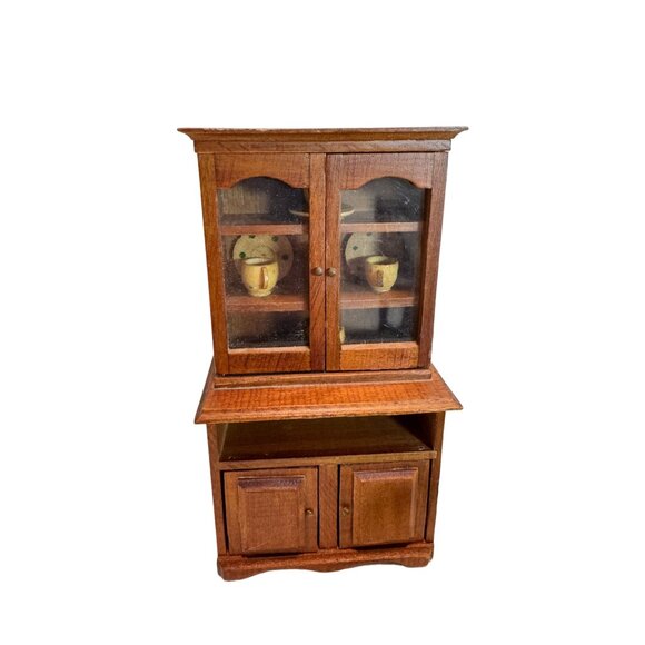 Vtg Dollhouse 1:12 Wood Dining Room Table Chairs China Hutch Shelf Buffet Rug - Picture 6 of 11